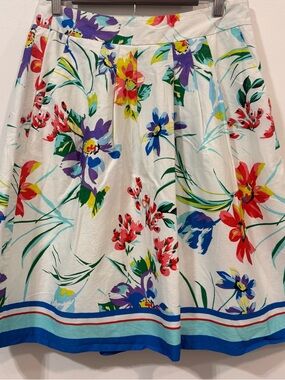 Ann Taylor Floral Cotton White Purple Teal With Pockets Summer Mini Skirt Size 8
